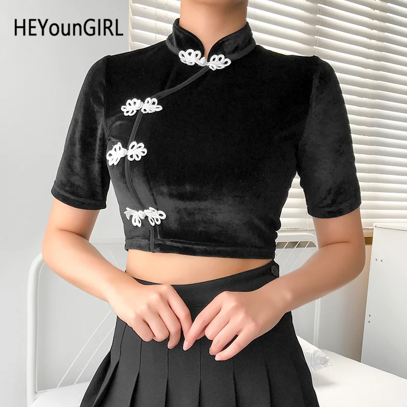 HEYounGIRL Velvet Black Chinese Style Woman Tshirt Top Casual Short Sleeve Crop Top T Shirt Ladies Stand Collar Tee Shirt Femme
HEYounGIRL Velvet Black Chinese Style Woman Tshirt Top Casual Short Sleeve Crop Top T Shirt Ladies Stand Collar Tee Shirt Femme
