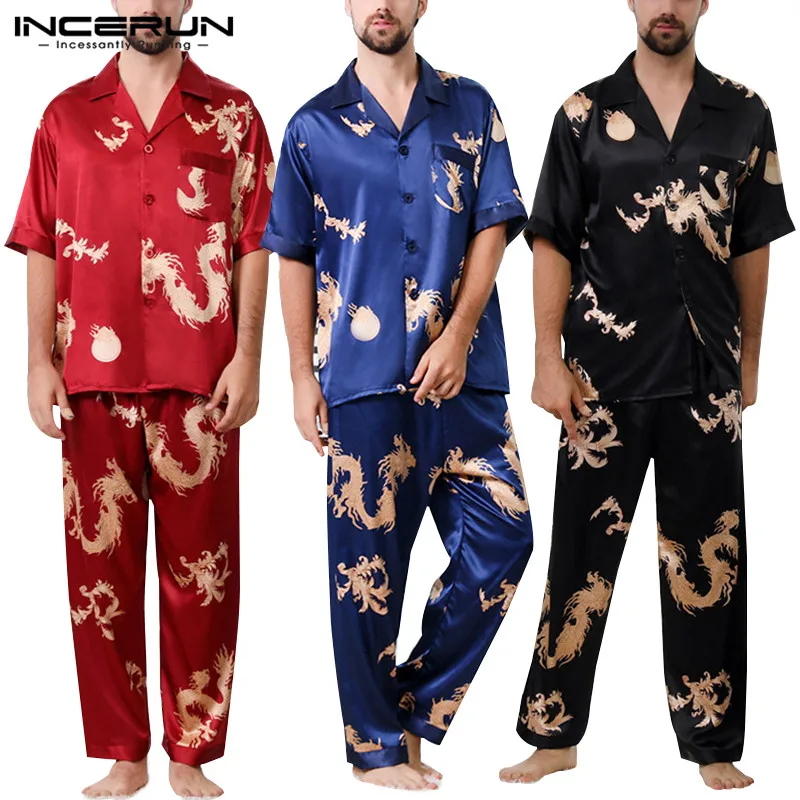 INCERUN Men Pajamas Set Print Nightgown Loose Short Sleeve Tops Long Pants Silk Satin Men Loungewear Ladies Sleepwear Sets 2019
INCERUN Men Pajamas Set Print Nightgown Loose Short Sleeve Tops Long Pants Silk Satin Men Loungewear Ladies Sleepwear Sets 2019