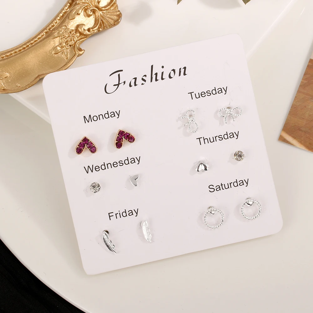 6 Pairs/set One Week Earring Set Fashion Simple Crystal Heart/Leaf/Bowk Stud Earrings For Women Mini Brincos Valentine's Gift
6 Pairs/set One Week Earring Set Fashion Simple Crystal Heart/Leaf/Bowk Stud Earrings For Women Mini Brincos Valentine's Gift