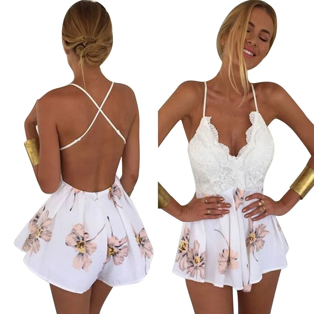 Sexy Sommer Overall-spielanzug Frauen Overall Spitze Druck V Neck Strap Ärmellose Strampler | Женская одежда