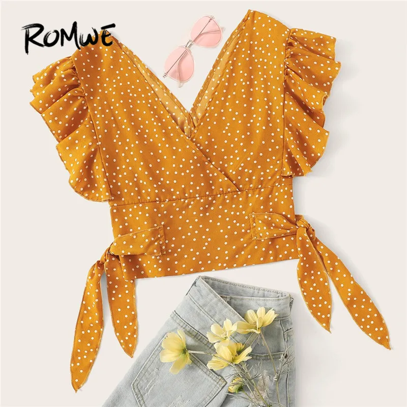 

ROMWE Orange Polka Dot Flounce Trim Shirred Blouse Womens Tops and Blouses V Neck Cute Knot Hem Summer Blouse Ladies Crop Tops