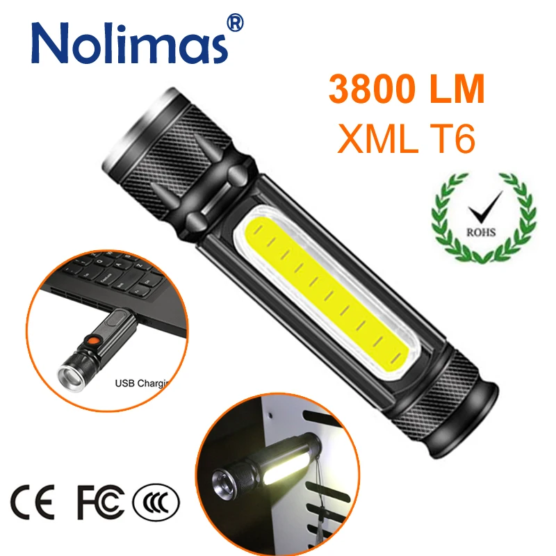 

USB Charger LED Flashlight 18650 3800LM Torch Rechargeable 4 Modes Zoomable Tactical XML T6 COB Magnet Outdoor Camping Lanterna