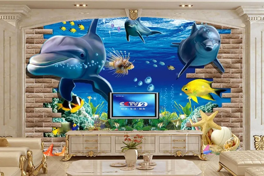 

Large mural,3D three-dimensional Underwater World Cartoon Dolphin wallpapers,living room sofa TV wall children bedroom wallpaper