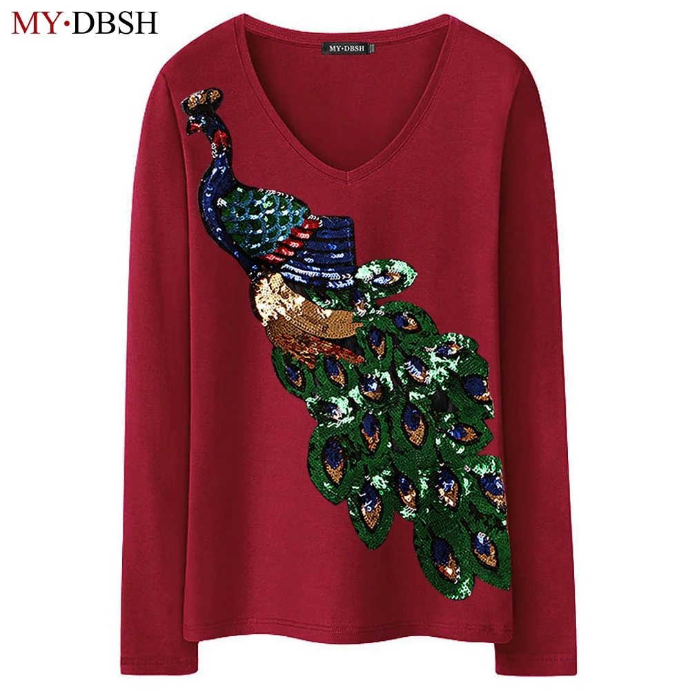 Fashion Tee Shirt Female Peacock Sequins Tees Women Long Sleeve tshirt 2019 High Quality Cotton Embroidery T Shirt Free Shipping
Fashion Tee Shirt Female Peacock Sequins Tees Women Long Sleeve tshirt 2019 High Quality Cotton Embroidery T Shirt Free Shipping