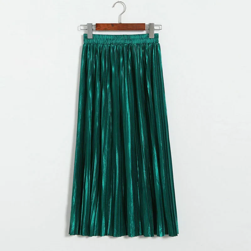 Lustrous pleated skirt metallic mid-length skirt for women of fall 2017 new Korean style joker long skirt (13)