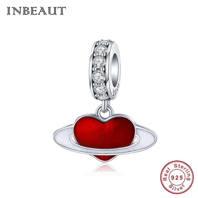 

INBEAUT 100% 925 Sterling Silver Red Heart Planet Charms fit Pandora Bracelet Original White CZ Cute Romantic Love Galaxy Beads