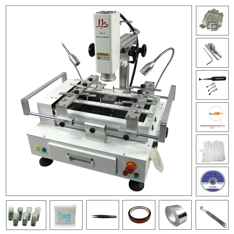 Three zones hot air touch screen with laser point R690 V.2 BGA Rework Station with 129pcs directly heating stencils
Three zones hot air touch screen with laser point R690 V.2 BGA Rework Station with 129pcs directly heating stencils