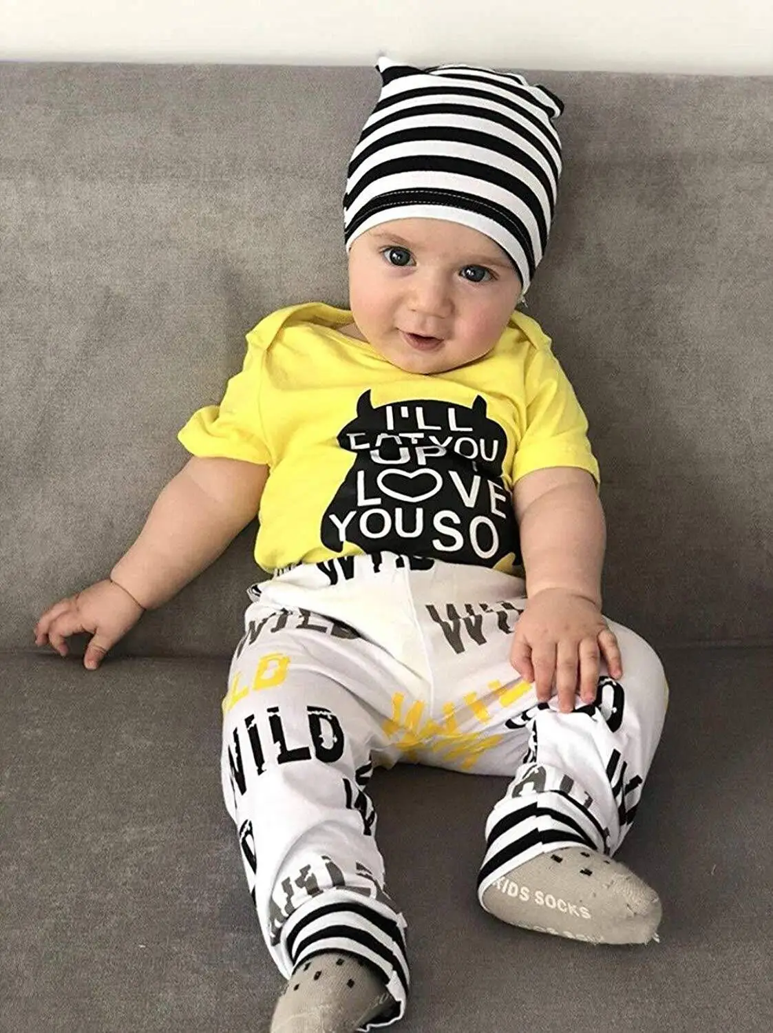 Summer fashion Cute Newborn Baby Boy Clothes Set Sleeveless Monster Letters Printed Romper Tops + Long Pants+hat Outfits
Summer fashion Cute Newborn Baby Boy Clothes Set Sleeveless Monster Letters Printed Romper Tops + Long Pants+hat Outfits