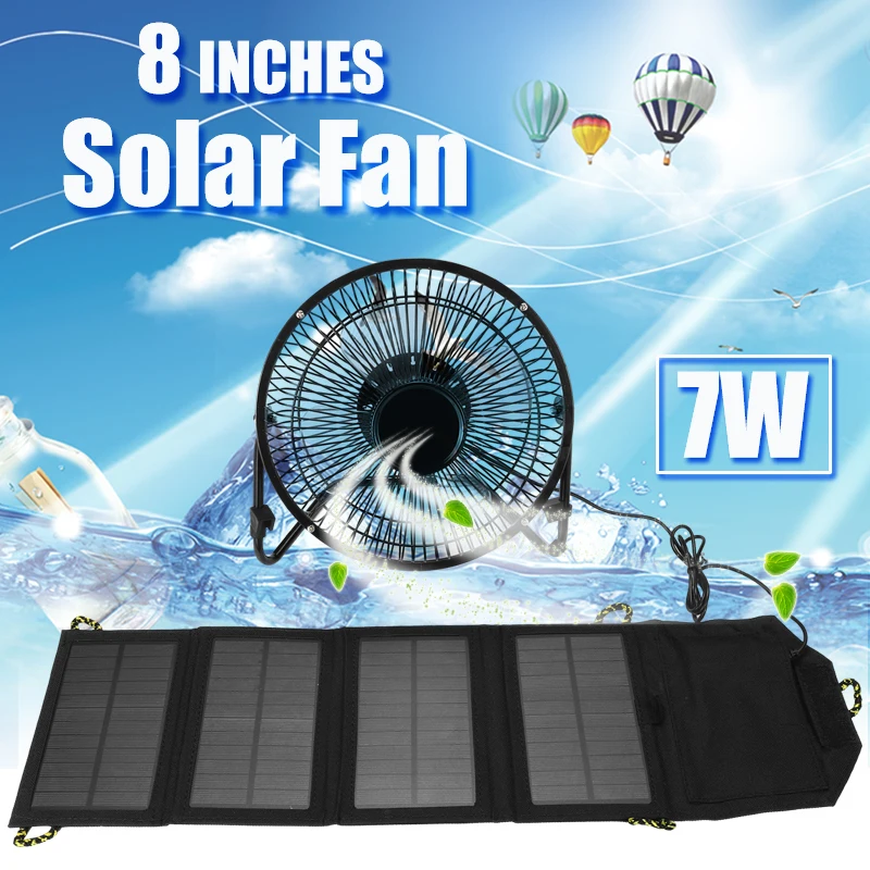 

7W 8Inch USB Solar Panel Fan Cooling Ventilation Iron Powered Quiet Free Angle Adjust Charge Phone Powerbank PC Office Home Dorm