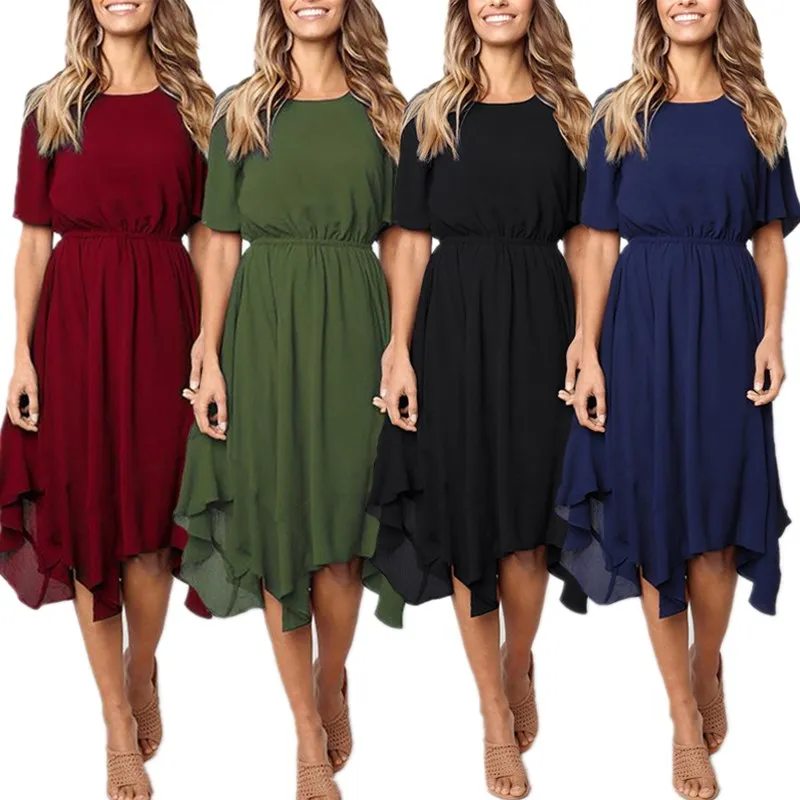 2019 Summer Irregular Solid Dress Casual O Neck Flare Sleeve Women's Dresses Elegant Tunic Knee Length Chiffon Dress Streetwears
2019 Summer Irregular Solid Dress Casual O Neck Flare Sleeve Women's Dresses Elegant Tunic Knee Length Chiffon Dress Streetwears