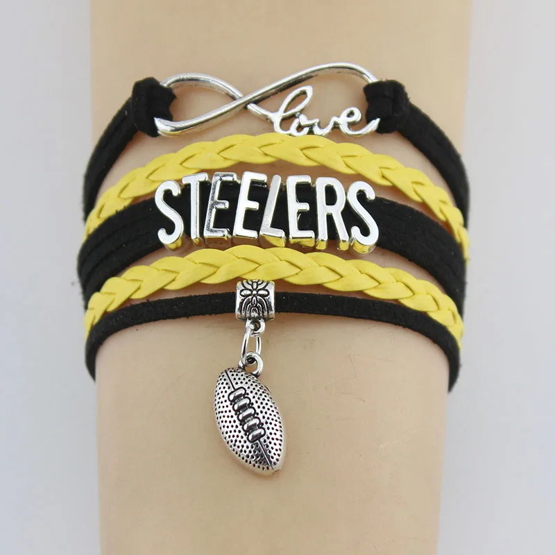 Fashion Steelers Football Bracelets Charm Handmade Cheer Pendant Leather Weave Bangles Jewelry for Women Men Customize 7 Styles
Fashion Steelers Football Bracelets Charm Handmade Cheer Pendant Leather Weave Bangles Jewelry for Women Men Customize 7 Styles