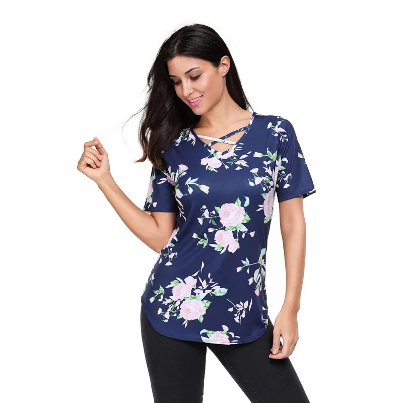 Летний стиль футболка Для женщин с цветочным принтом короткий рукав обычный Топ