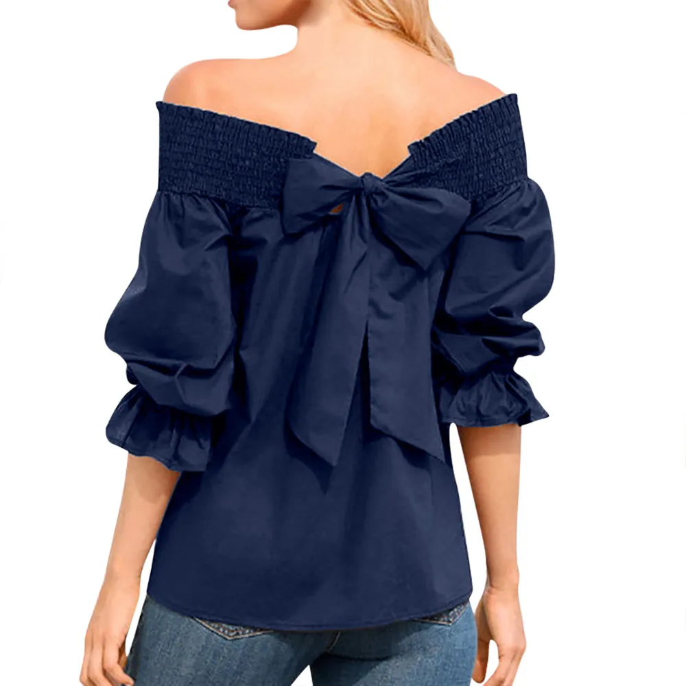 

2019 Summer new fashion brand clothing hip hop female tops Off Shoulder Bardot Top Puff Sleeve Bow Bandage #121