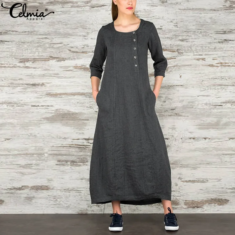 Plus Size Celmia Women Autumn Vintage Dress Casual Loose 3/4 Sleeve Buttons Pockets Maxi Long Dresses Party Vestidos Robe Femme
Plus Size Celmia Women Autumn Vintage Dress Casual Loose 3/4 Sleeve Buttons Pockets Maxi Long Dresses Party Vestidos Robe Femme