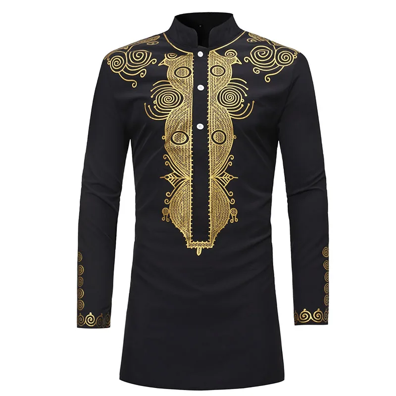 

Men's African Black Golden Dashiki Print Long Sleeves Button Shirt Stand High Collar Tribal Folk Tunic Top For Adult Plus Size