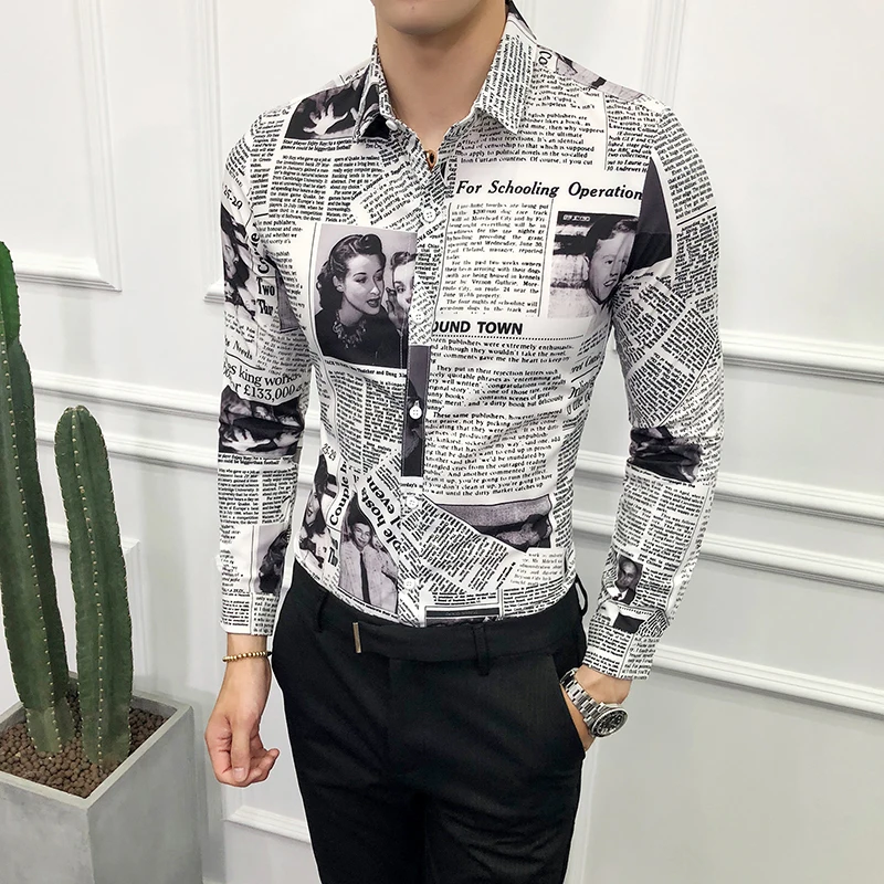 2019 Fashion Designer Pattern Shirt Men's Slim Newspaper Shirt Camisa Social Men's Fashion Shirt Men's Party Club Unique Shirt
2019 Fashion Designer Pattern Shirt Men's Slim Newspaper Shirt Camisa Social Men's Fashion Shirt Men's Party Club Unique Shirt