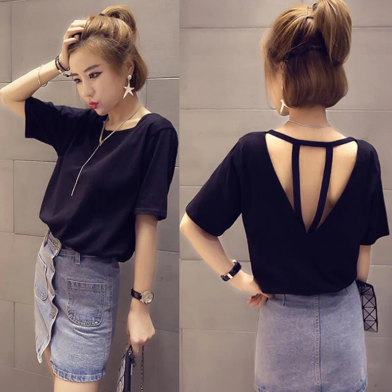 2019 New back hollow strap T-shirt stitching loose summer black/white short-sleeved women's T-shirt
2019 New back hollow strap T-shirt stitching loose summer black/white short-sleeved women's T-shirt