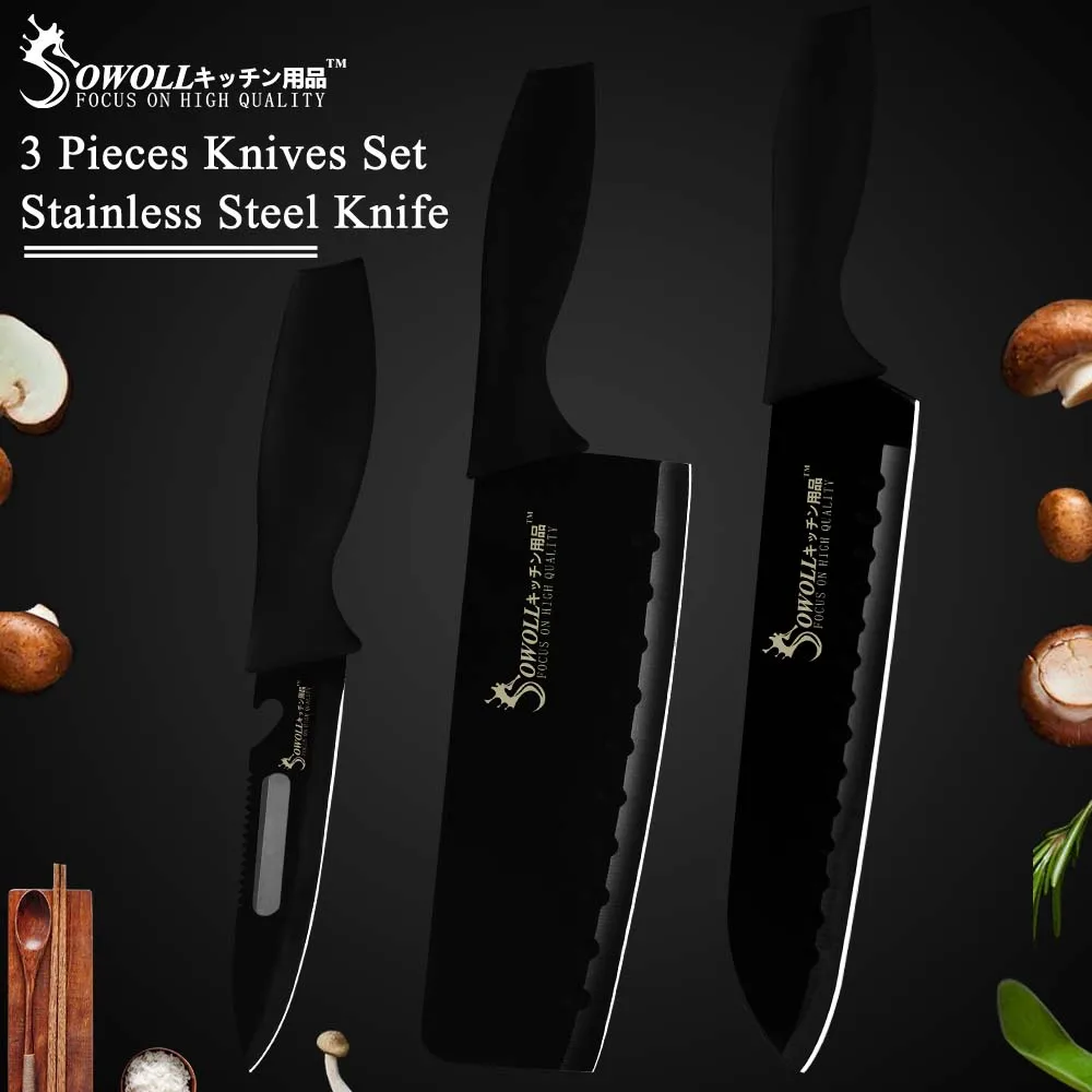 SOWOLL Stainless Steel Kitchen Knife 7 inch 7 inch 5 inch Sharp Black Knife 3 Piece Set Quality Chopping Santoku Utility Knife
SOWOLL Stainless Steel Kitchen Knife 7 inch 7 inch 5 inch Sharp Black Knife 3 Piece Set Quality Chopping Santoku Utility Knife