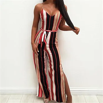 

Fashion Women Striped Long Jumpsuit 2018 Clubwear Summer Stylish Suspenders Playsuit Party V-neck Jumpsuit Romper Split Trousers