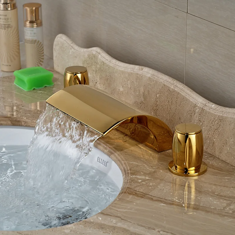 Gold Finish Deck Mounted Bathroom Lavatory Basin Sink Faucet with Waterfall Spout Taps