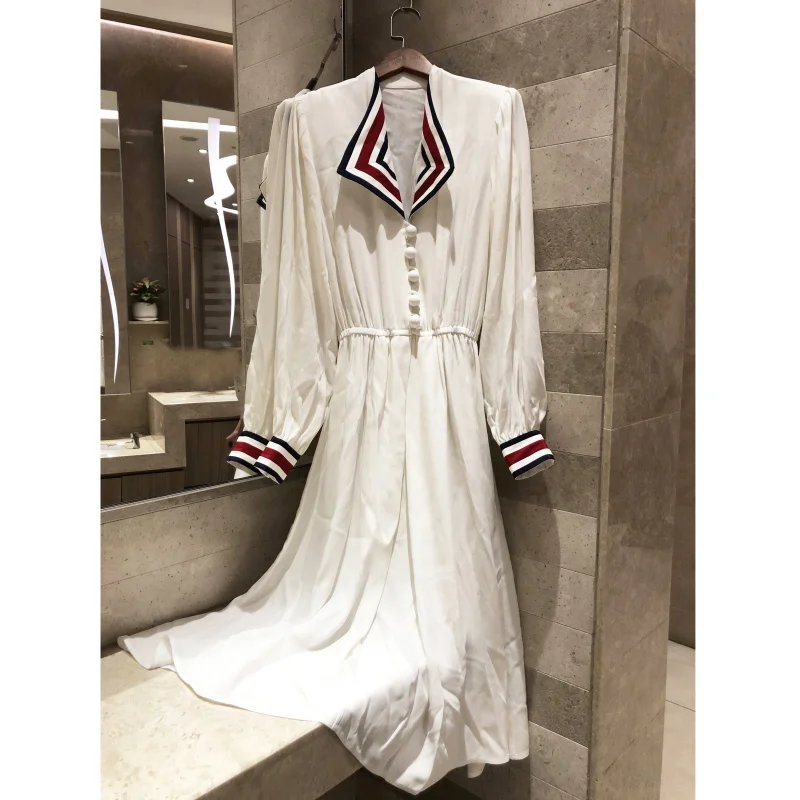2019 new women's High grade long dress white retro casual long-sleeved Navy dress Silk blend Maxi dress
2019 new women's High grade long dress white retro casual long-sleeved Navy dress Silk blend Maxi dress