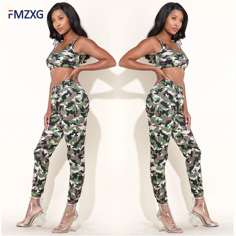 2XL Grey Camouflage Pant Outfit Camo Tank Top Set Crop top Camis Two 2 piece set Streetwear Cargo Tracksuit Femme Suit 2pcs | Женская