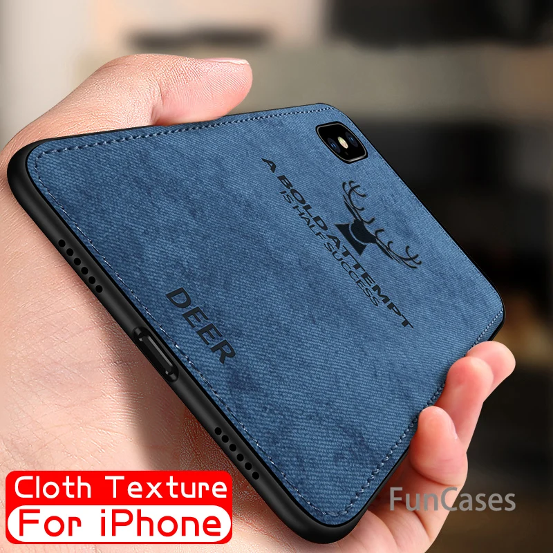 Холст тиснением олень мягкие ТПУ кремния чехол для iPhone X Xs Max XR 7 8 6 6s плюс ткань