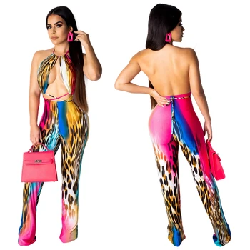 

2020 Women Leopard Gradation Print Lace Up Halter Neck Open Back Wide Leg Jumpsuit Sexy Nightclub Romper Playsuit Outfit Overall