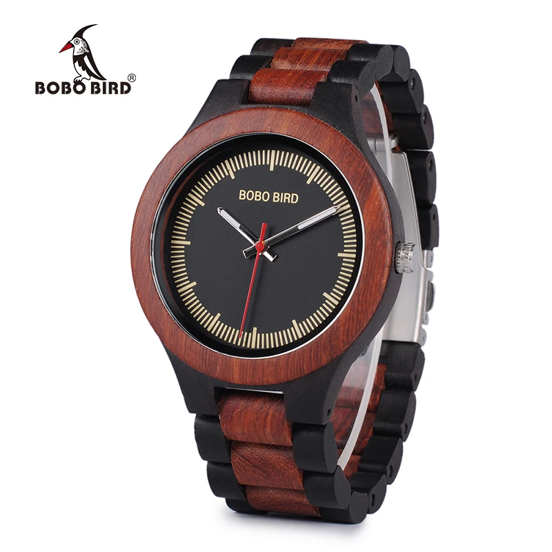 BOBO BIRD WO01O02 Wood Watch Ebony RedWood Pine Wooden Watches for Men Two-tone Wood Quartz Watch with Tool for Adjusting Size 30