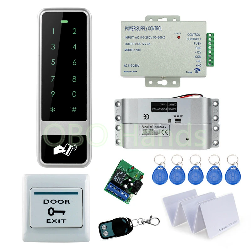 Full rfid metal access control system kit set waterproof keypad+power supply+exit button+bolt lock+keycards+remote controller
Full rfid metal access control system kit set waterproof keypad+power supply+exit button+bolt lock+keycards+remote controller