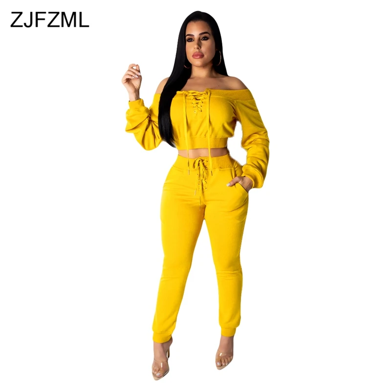 Women Two Piece Sweatsuits Casual Club Outfit Slash Neck Long Sleeve Crop Top And Drawstring Bodycon Pants Lace Up Matching Set
Women Two Piece Sweatsuits Casual Club Outfit Slash Neck Long Sleeve Crop Top And Drawstring Bodycon Pants Lace Up Matching Set