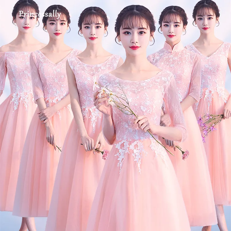 New Peachy Pink Bridesmaid Dresses Mixed StylesTea length Lace Lace Half Sleeve Cheap Wedding Prom Party Graduation Formal Gown
New Peachy Pink Bridesmaid Dresses Mixed StylesTea length Lace Lace Half Sleeve Cheap Wedding Prom Party Graduation Formal Gown
