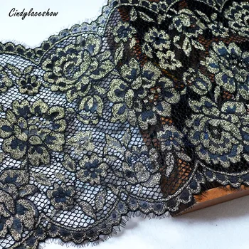 

2 Yards 22 cm Wide Shinning Gold Eyelash Elastic Lace Trim Bra Clothing Accessories Sewing Applique Stretch French Lace Fabric