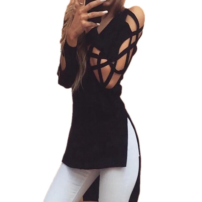 2018 Sexy V-Neck Long Sleeve Women Fashion Shirts Irregular Hem Blouse Black Hollow out Casual Split Tees Loose Blusas
2018 Sexy V-Neck Long Sleeve Women Fashion Shirts Irregular Hem Blouse Black Hollow out Casual Split Tees Loose Blusas