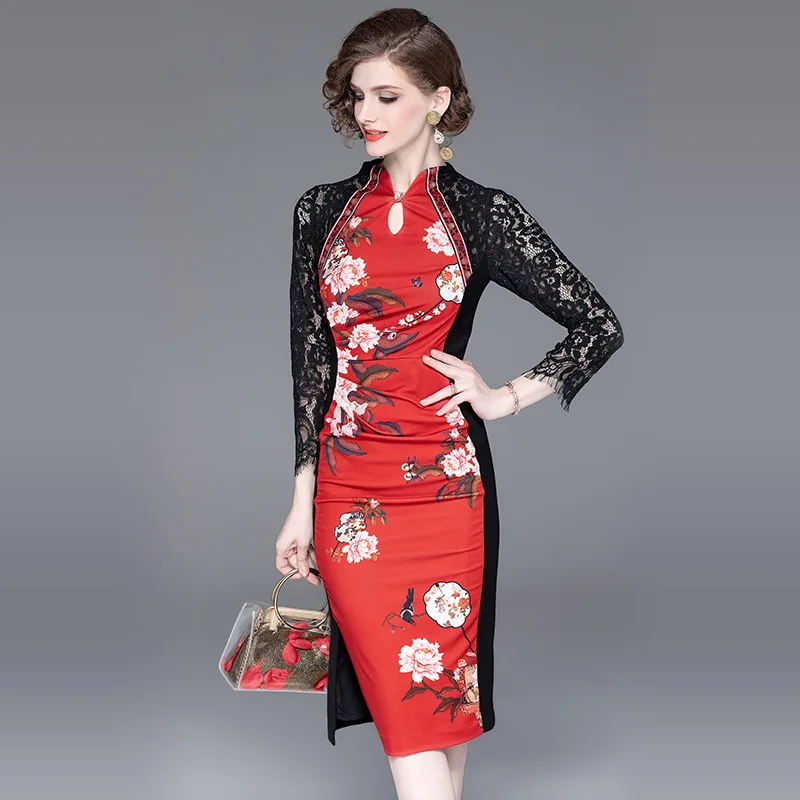 MULTIFLORA 2019 spring and summer new women's lace stitching print dress improved cheongsam female dress
MULTIFLORA 2019 spring and summer new women's lace stitching print dress improved cheongsam female dress
