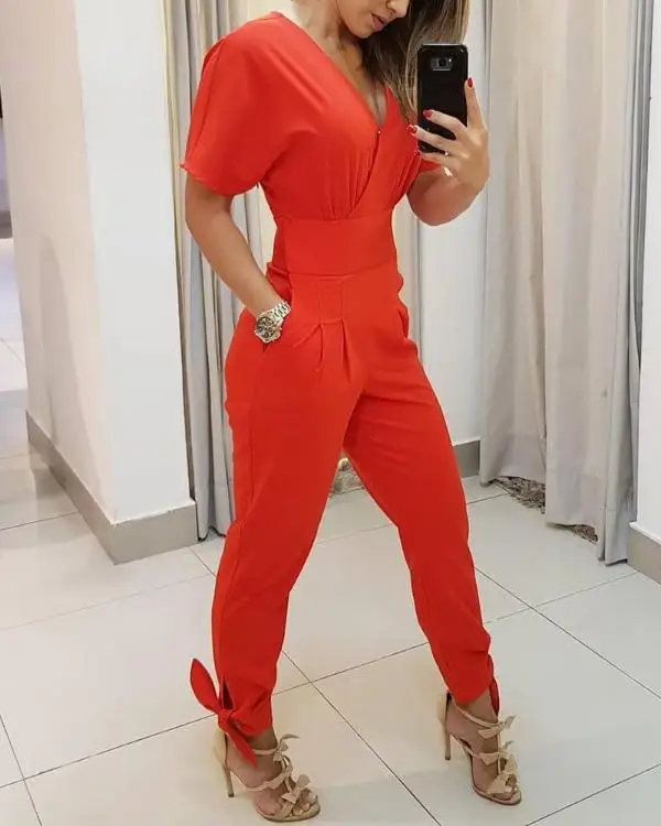 Summer V Neck Short Sleeve Tied Detail Jumpsuit Women High Waist Pants Rompers Office Wear Bodysuit Femme Overalls
Summer V Neck Short Sleeve Tied Detail Jumpsuit Women High Waist Pants Rompers Office Wear Bodysuit Femme Overalls