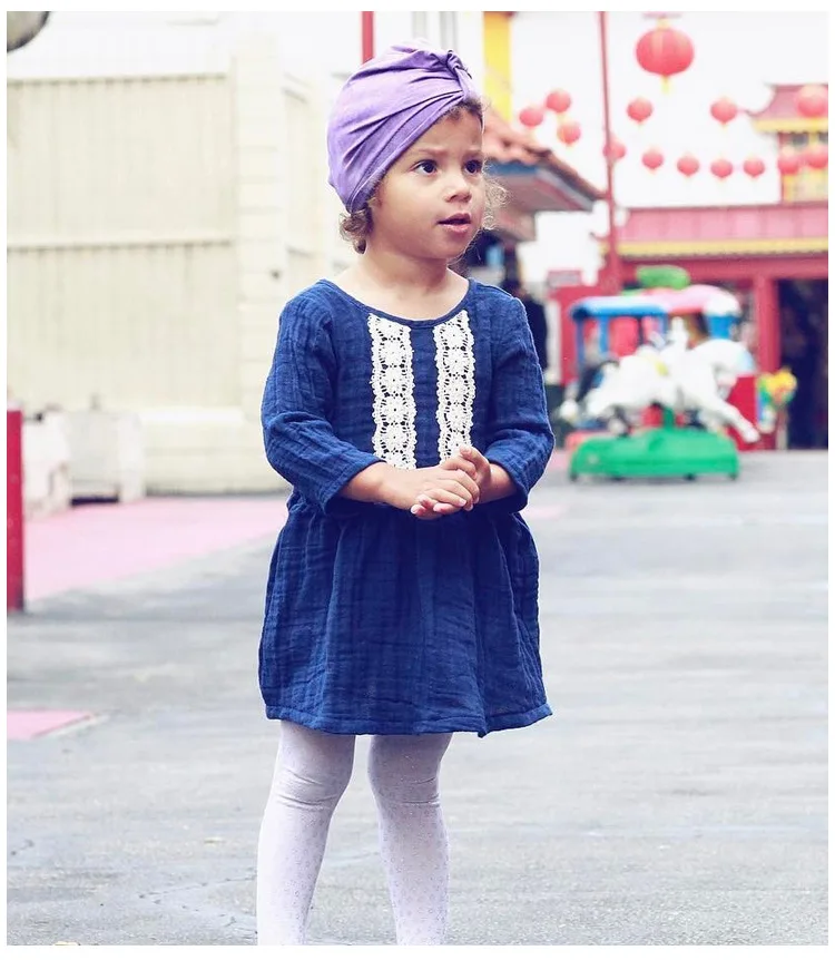 Mother nest Lone Sleeves Baby Girl Lace Dress Dark Blue Linen Cute Newborn Clothes Dresses Children Simple Cotton 1st Birthday (8)