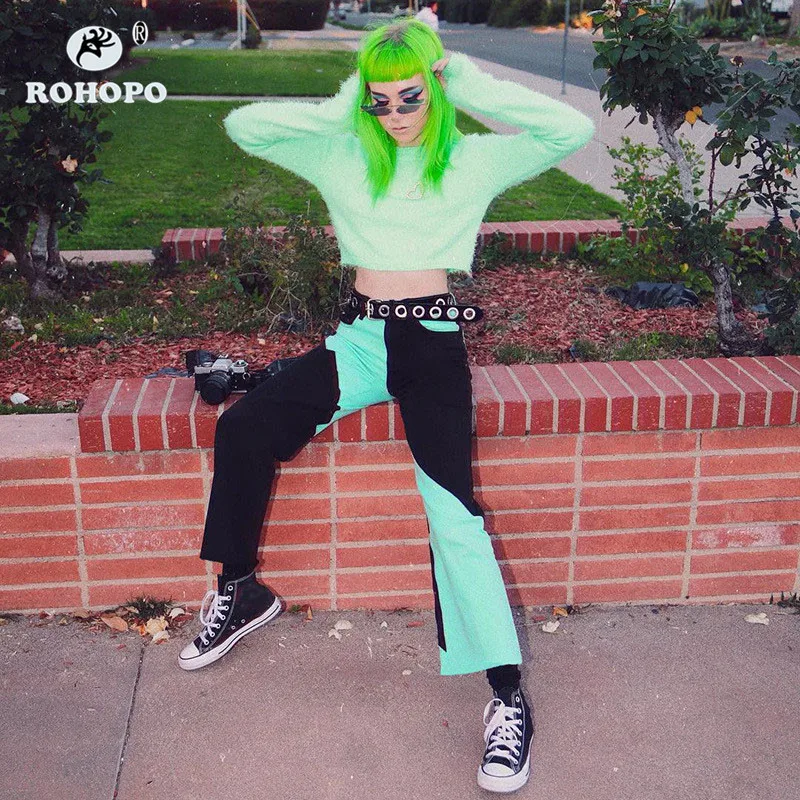 ROHOPO Women Patchwork Flared Pant Streetwear High Waist Fit Pants Green Black Splice Hippe Girl Bottom Trousers #HP4285M02
ROHOPO Women Patchwork Flared Pant Streetwear High Waist Fit Pants Green Black Splice Hippe Girl Bottom Trousers #HP4285M02
