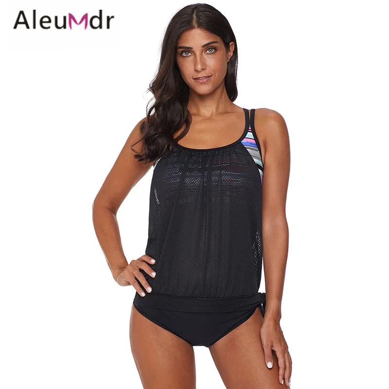 Aleumdr 2019 New Tankinis Women Black Layered Tankini Top with Brief Swimsuit Summer two piece Swimwear bathing suit LC411019 | Спорт и