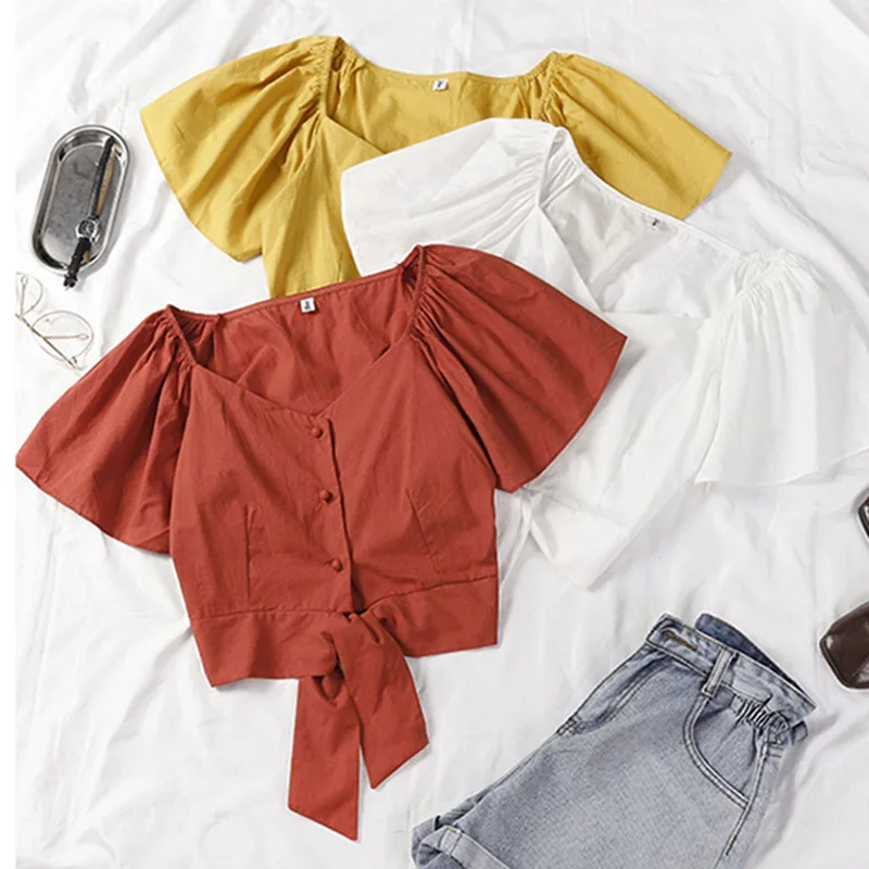 Summer Sexy V-neck Bandage Short Sleeves Blouse For Women High Waist Button Lace-up Cotton Shirt Chic Short Blouse Female Tops
Summer Sexy V-neck Bandage Short Sleeves Blouse For Women High Waist Button Lace-up Cotton Shirt Chic Short Blouse Female Tops