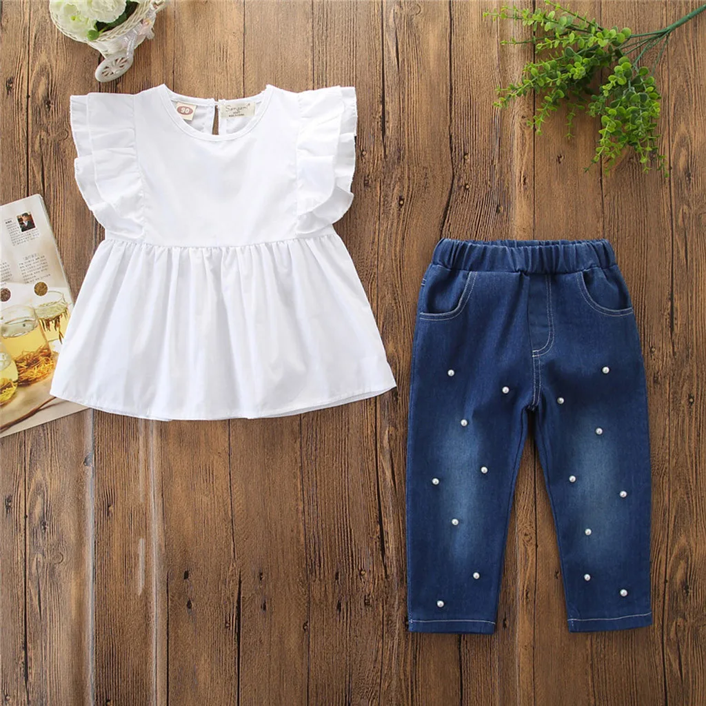 2019 Toddler Kids Baby Girls clohtes Outfits Solid T-shirt Tops+Pearl Denim Pants Jeans clothes Set costume kids girls clothing
2019 Toddler Kids Baby Girls clohtes Outfits Solid T-shirt Tops+Pearl Denim Pants Jeans clothes Set costume kids girls clothing