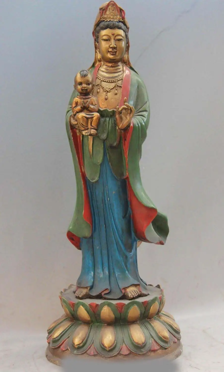 Chinese Old Temple Copper Color Painted Children-Sending Guanyin Kwan Yin Statue
Chinese Old Temple Copper Color Painted Children-Sending Guanyin Kwan Yin Statue