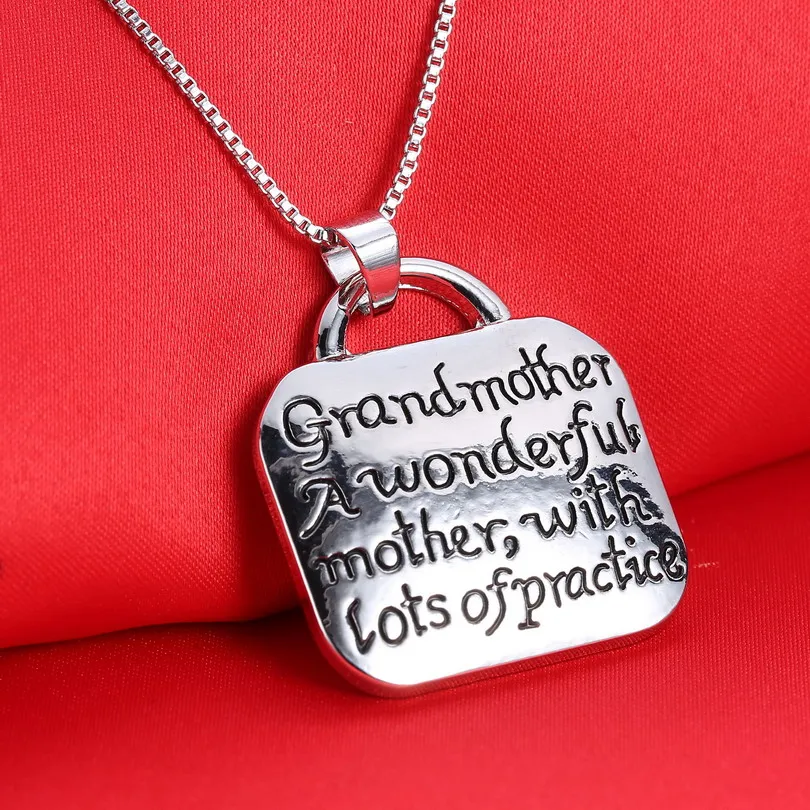 Image square shaped Engraved Words Grandmother A Wonderful Mother with Lots of Practice Pendant Necklace Jewelry