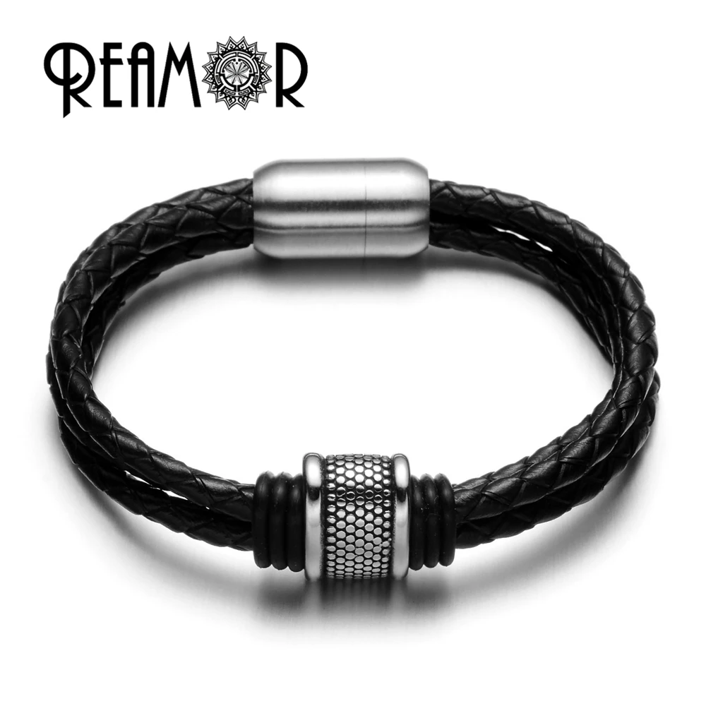 

REAMOR 316l Stainless steel Round Dots Beads Bracelet Multilayer Genuine Leather Men Charms Bracelet with Magnet Clasp Jewelry