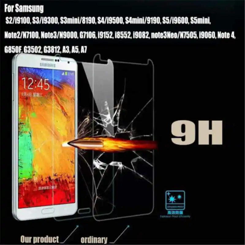 

High quality Tempered Glass Protective Screen Protector Film for Samsung Galaxy S3 S4 S4 MINI S5 s5 Mini S6 NOTE 2/3/4/5