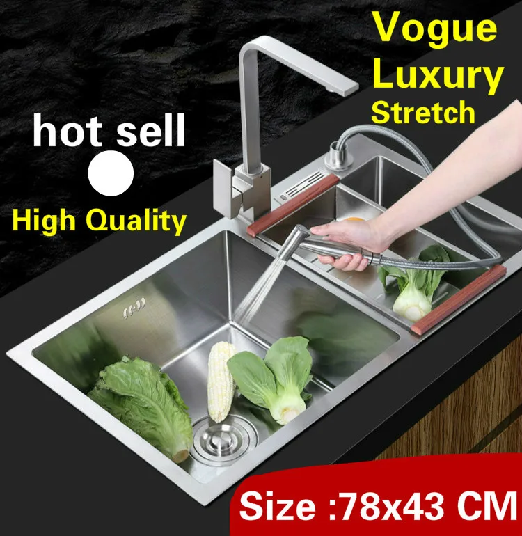 

Free shipping Apartment multifunction wash vegetables kitchen manual sink double groove 304 stainless steel hot sell 780x430 MM