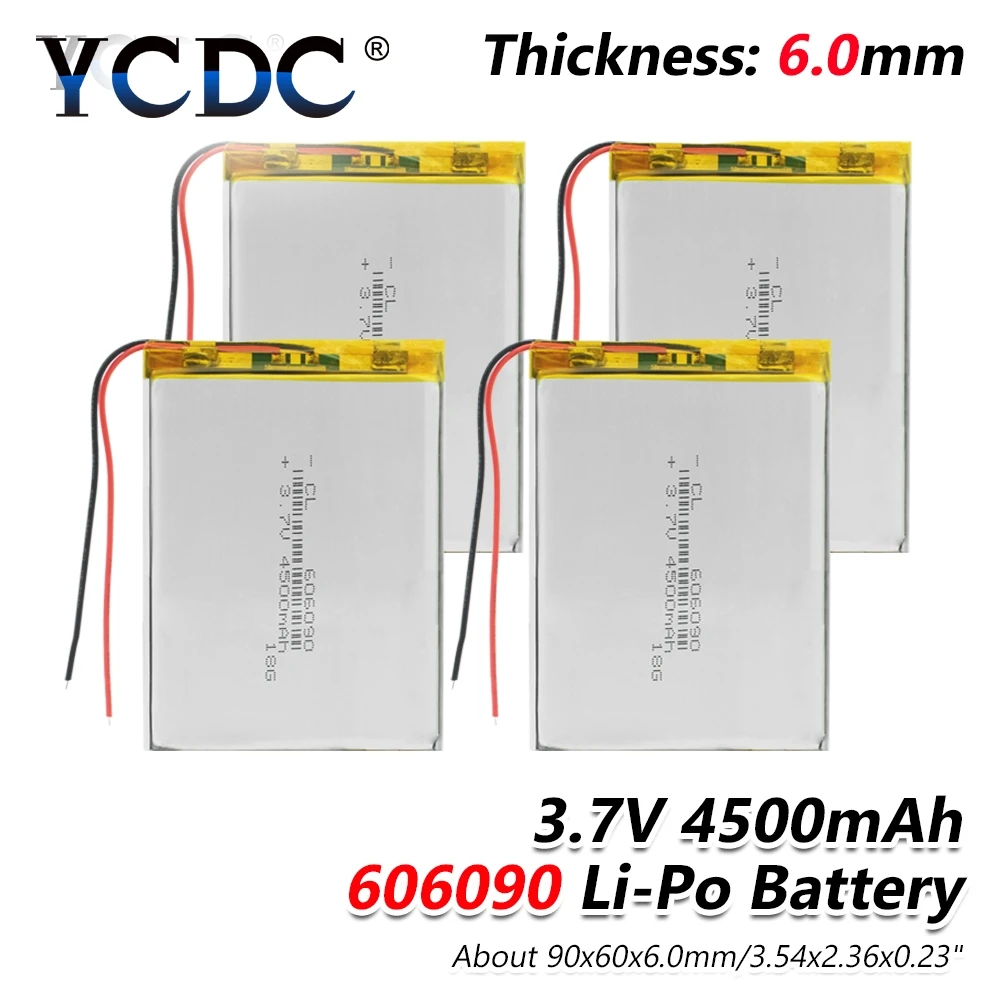 1/2/4Pcs 3.7V 4500mAh 606090 Li-Po Rechargeable Battery For MP5 Tablet PC MID POS machine, DVD radio, LED lamp, Electric Toys
1/2/4Pcs 3.7V 4500mAh 606090 Li-Po Rechargeable Battery For MP5 Tablet PC MID POS machine, DVD radio, LED lamp, Electric Toys