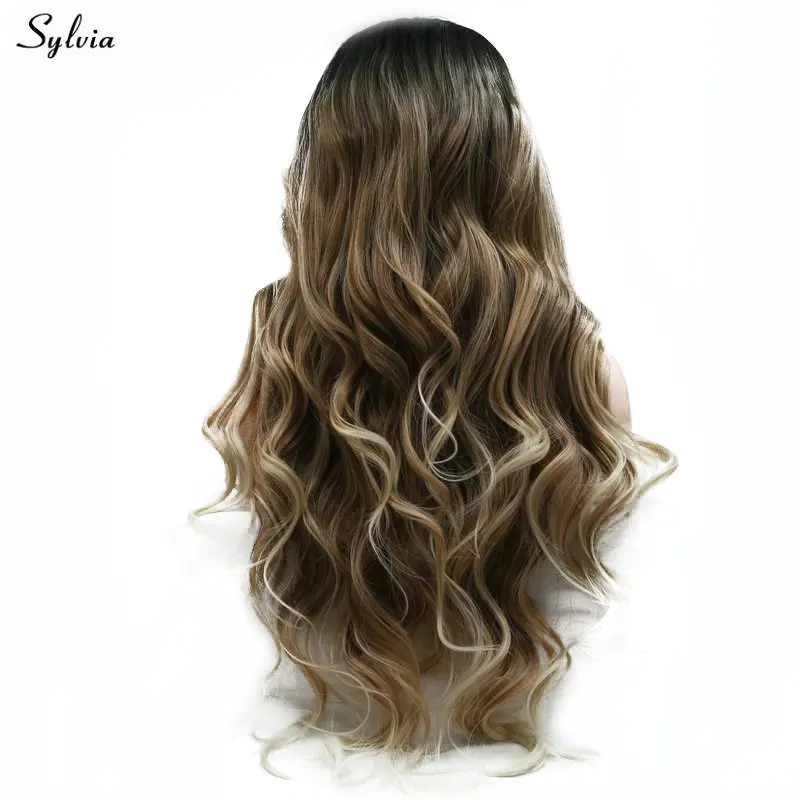 

Sylvia High Temperature Ombre Wig Dark Brown Roots to Brown Blonde 3 Tone Synthetic Lace Front Wigs Natural Long Hair Body Wave