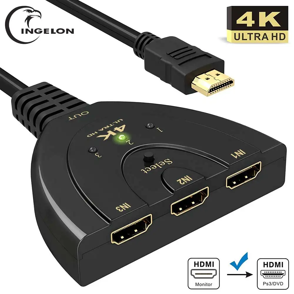 Ingelon 3 Port HDMI Splitter Switch Cable 3in1 hdmi adapter high quality Audio and Video 1080P 4K Switcher for HD DVD Xbox PS3 (1)