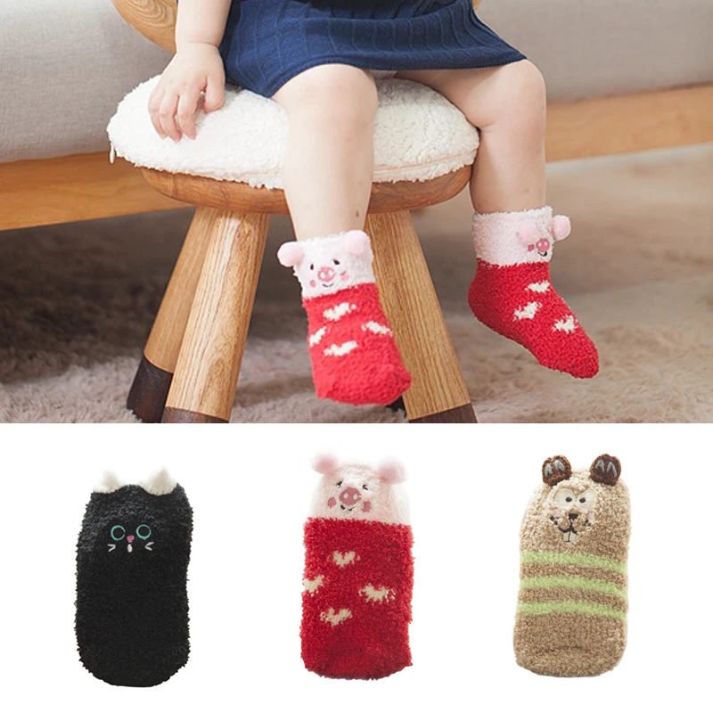 

Hot Sale 1 pair Suitable for 1-4Year Cute pattern Non-slip Plush Socks Baby Infant Newborn Socks Winter 100% Cotton Floor socks